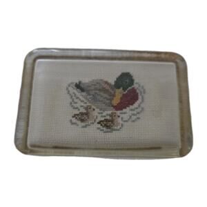 Needlepoint Duck Paperweight 4.25" Vintage Lucite